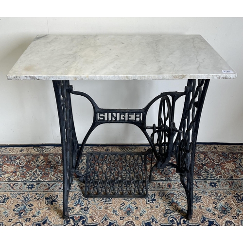 1168 - Singer sewing machine base with marble top, W78cm D46cm H74cm