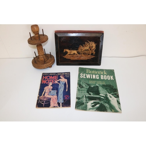 1332 - Julia Bradbury Collection: 20th century Sorrento style blotter, vintage cotton reel stand and two vi... 