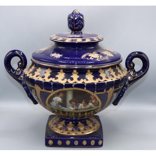 156 - Twin handled urn and cover, oval reserve of four ladies upon a balcony within gilt and enamelled bor... 