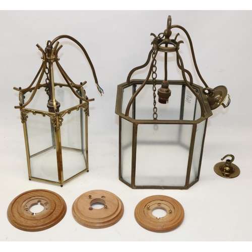 161 - Brass hall lantern glass pendant light, H40cm; and a smaller brass finish hall lantern, H35cm; with ... 