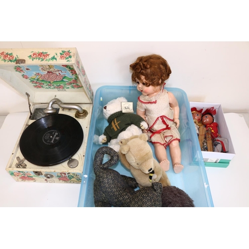 180 - Model boat on stand, 1950s Decca child's nursery portable gramophone with Dora Roderick decoration d... 