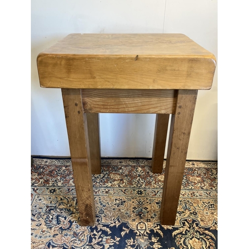 212 - Butchers block, rectangular top on pine base, W55cm D61cm H88cm