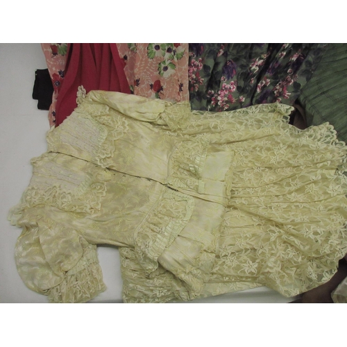 1161 - Charles H. Fox Ltd., 184 High Holborn, early 20th Century primrose yellow patterned silk and lace dr... 