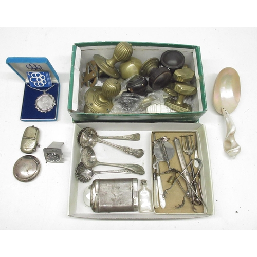 90 - Collection of metalware incl, white metal torch, unmarked metal vesta case, 1976 Montreal Olympics c... 