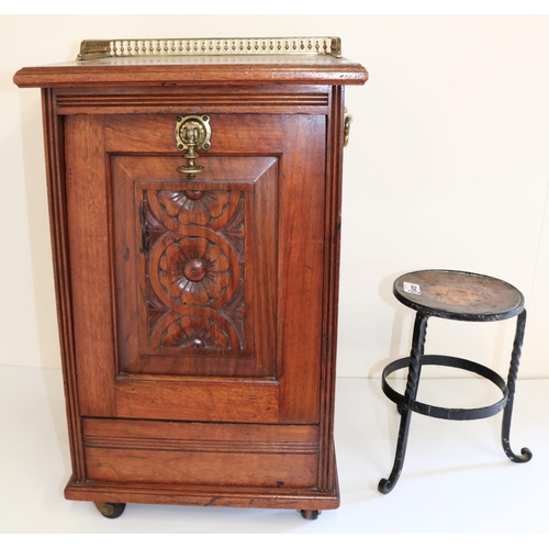 1209 - Early 20th century walnut fall front coal box, carved panelled front, brass gallery and carrying han... 