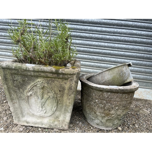 225A - Two cast stone garden planters, one set with Lavandula Hidcote, a drinker and a large sign, painted ... 