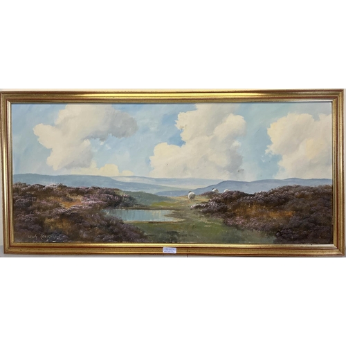 310 - Lewis Creighton (British 1918-1996); Sheep in an extensive Moorland landscape with pond, oil on boar... 