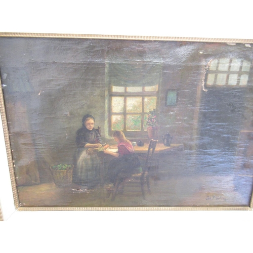 1218 - John. F. Velden, 19th Century oil on canvas, cottage interior scene, signed 39cm x 58.5cm; A Holmes,... 