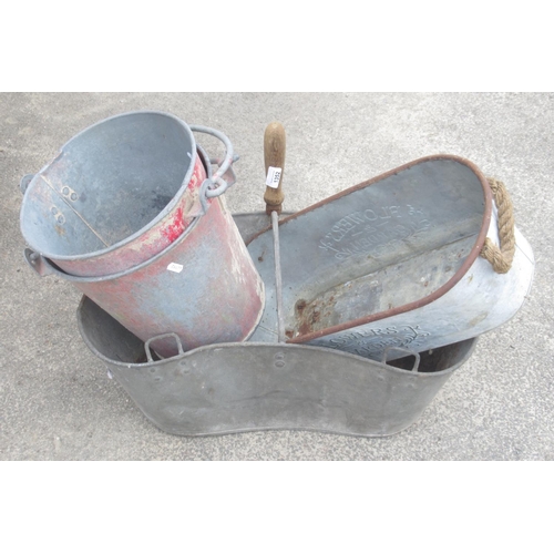 1352 - Two vintage steel fire buckets and two garden planters, L60cm