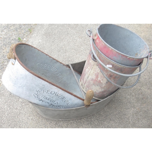 1352 - Two vintage steel fire buckets and two garden planters, L60cm