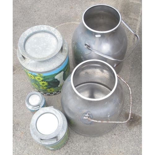 1353 - Pair of vintage aluminium milk churns, missing lids, and a collection of three decorative milk churn... 