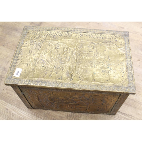 1040 - Two decorative boxes including a C19th century European brass-coated box, a print on wooden board, a... 