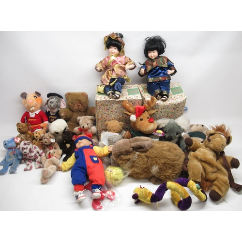 276 - Two Leonardo Collection Chinese style dolls, and a collection of soft toys including Roland rat and ... 