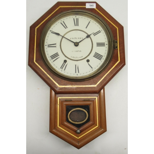 545 - Seth Thomas retailed by J.W. Terry, Brighton., 8 day walnut drop dial wall clock, brass bezel enclos... 