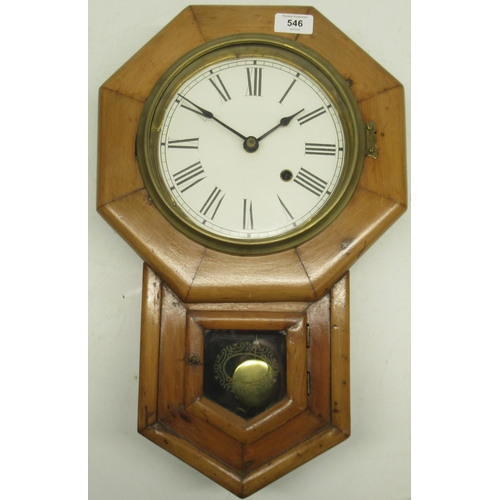 546 - American, early 20th century 8 day beech wall clock, brass bezel enclosing 7