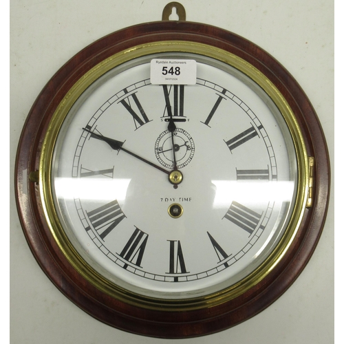 548 - 20th century mahogany bulkhead 7 day timepiece, brass bezel enclosing 8