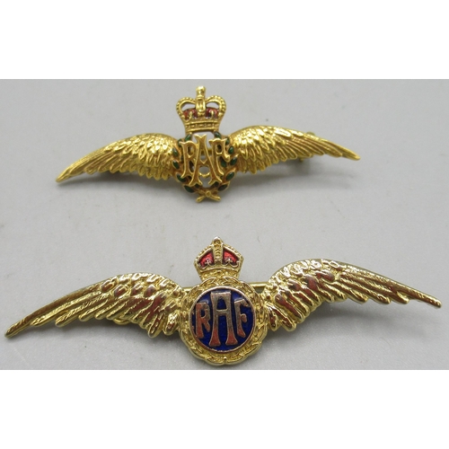 673 - 9ct yellow gold RAF wings bar brooch with enamel detail, 3.2g, and one other (2)