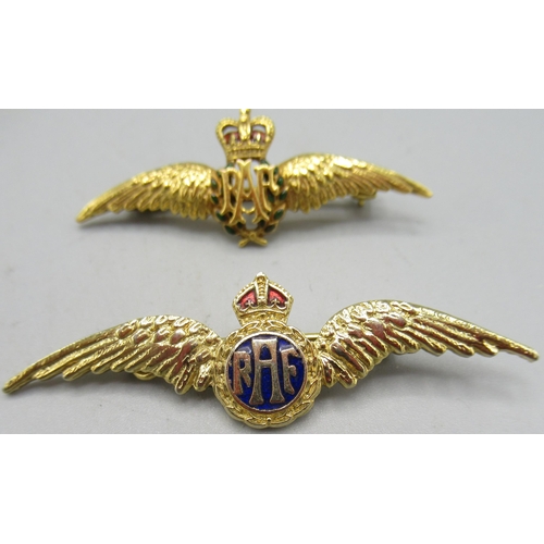 673 - 9ct yellow gold RAF wings bar brooch with enamel detail, 3.2g, and one other (2)