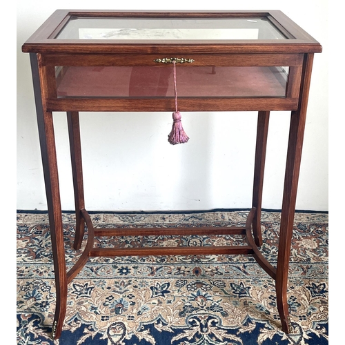 768 - Edwardian style bijouterie table, the rectangular top with chequered inlay and inset with bevelled g... 