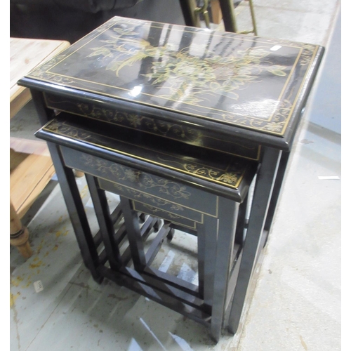 1082 - Late 20th century Asian style black lacquered nest of three tables, max. H65cm, and a square coffee ... 