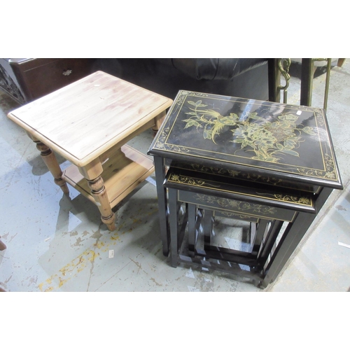 1082 - Late 20th century Asian style black lacquered nest of three tables, max. H65cm, and a square coffee ... 