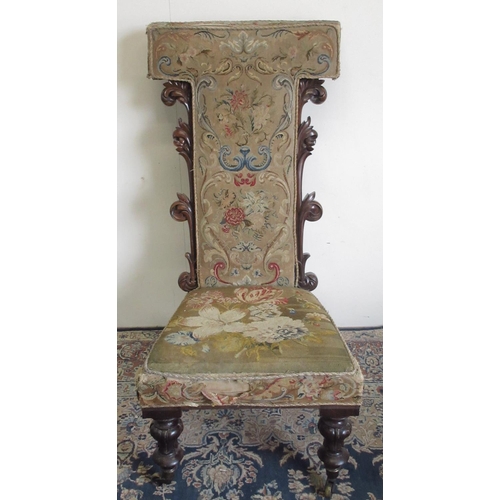 1344 - Julia Bradbury Collection: Victorian Pre-Dieu chair, with woolwork upholstered scroll carved rosewoo... 