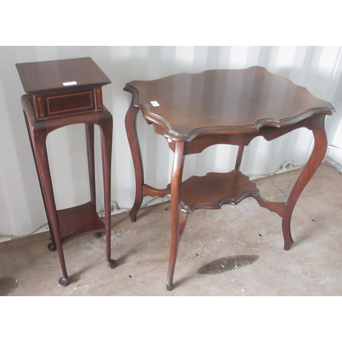 651 - Edwardian inlaid mahogany jardiniere stand, square top on slender turned supports with pad feet and ... 