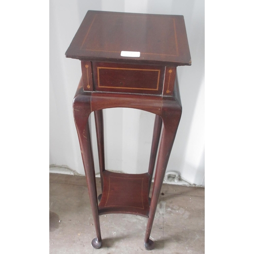 651 - Edwardian inlaid mahogany jardiniere stand, square top on slender turned supports with pad feet and ... 