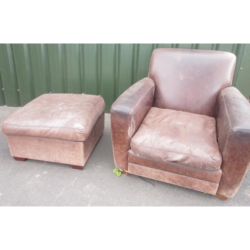 759 - Club type brown leather upholstered arm chair, with loose seat cushion, W87cm D88cm H80cm and matchi... 