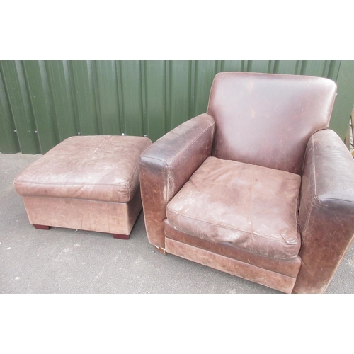 759 - Club type brown leather upholstered arm chair, with loose seat cushion, W87cm D88cm H80cm and matchi... 