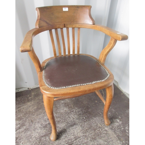 1254 - Early 20th century beech office elbow chair, with raised back on cabriole legs with stretcher, W59cm... 