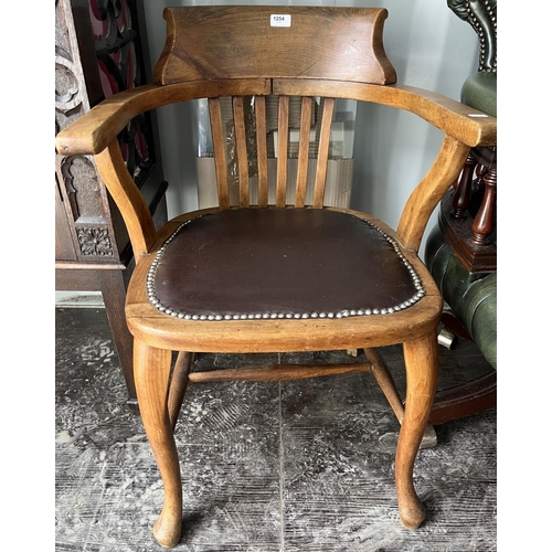 1254 - Early 20th century beech office elbow chair, with raised back on cabriole legs with stretcher, W59cm... 