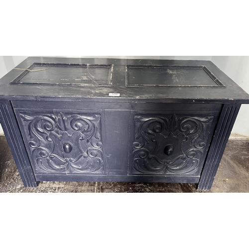 1256 - Blue painted blanket box with carved panel front and hinged two panel top, W94cm D43cm H50cm