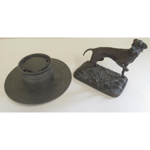 1230 - Bronzed metal model of a Hound, on filled rectangular base, W13cm H12cm and a pewter capstan inkwell... 