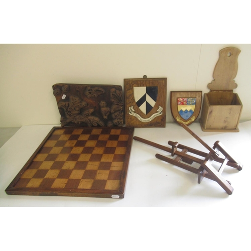 1234 - Oak folding table top easel, Indian printing block, two wall crests plaques, pine salt box and a woo... 