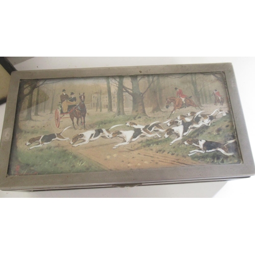 1235 - EPNS mounted cedar cigarette box, hinged top with a overpainted Hunting print after George Wright, p... 