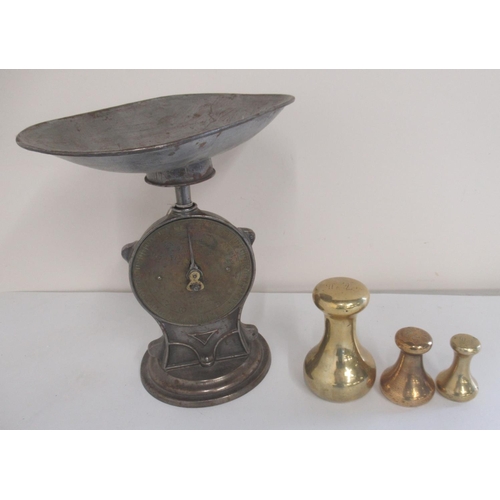 1239 - Salter's Improved Family Scale No. 50 Class 11 to weigh 14lbs and three brass weights, 7lb, Avery 2l... 