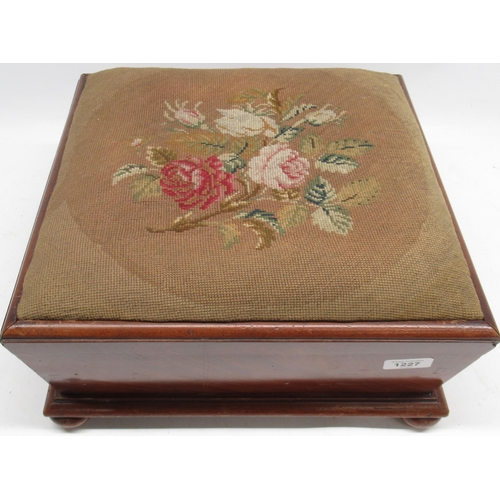 1227 - Victorian mahogany square footstool with floral woolwork top on bun turned feet, W37cm D37cm H20cm