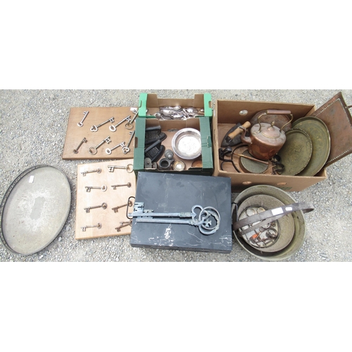 190 - Collection of metalware incl. three flat irons, beaten copper tray stamped JP, kettle, two brass jam... 