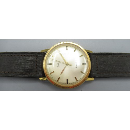 534 - Saga by Timex Model 84 gold plated electric wristwatch, signed sunburst silvered dial, applied baton... 