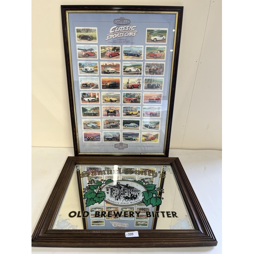 320 - Framed set of 30 Castella Classic Sports Cars cards, and a Samuel Smith's Old Brewery Bitter mirror ... 