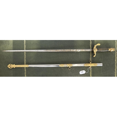 1491 - American Masonic lodge sword, circa 1910, the blade with engraved details and named to `Fred W Cole'... 