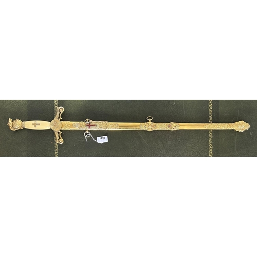 1493 - 20th century Masonic lodge sword, the engraved blade named to ` S.R.Wright' with gilt metal hilt and... 