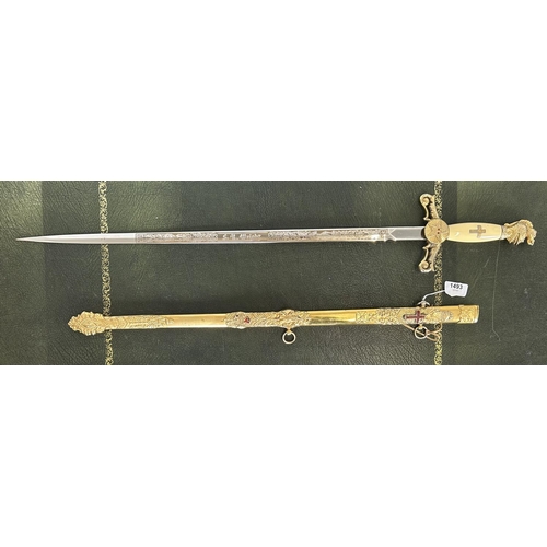 1493 - 20th century Masonic lodge sword, the engraved blade named to ` S.R.Wright' with gilt metal hilt and... 