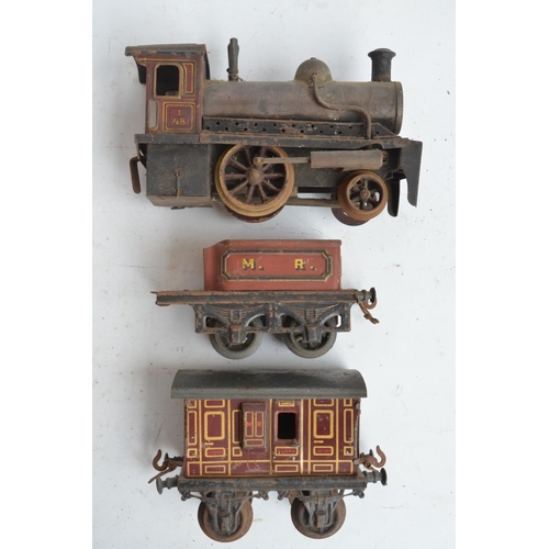 417 - Vintage live stationary steam engine stamped DRGM to rear and a vintage push along train model with ... 