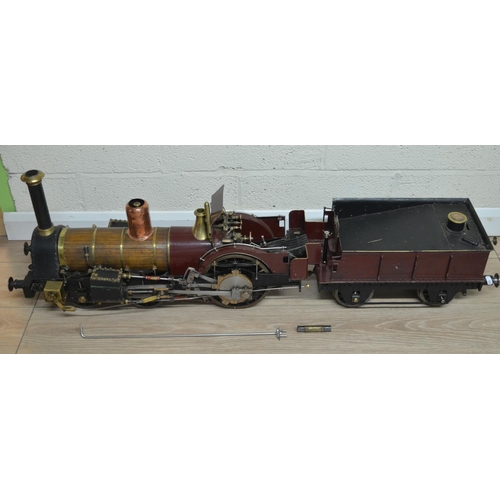 411 - Large and heavy solidly built Crampton metal live steam vintage wooden clad locomotive model, approx... 