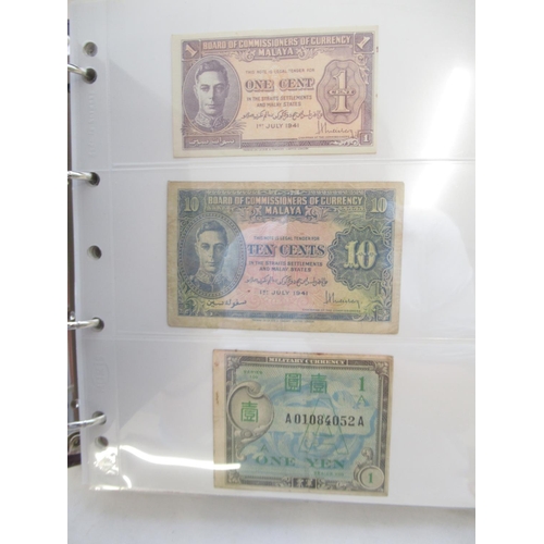 601 - Numis folder w/slip-case cont. various bank notes to inc. Military Currency 1 Yen, Japanese Governme... 