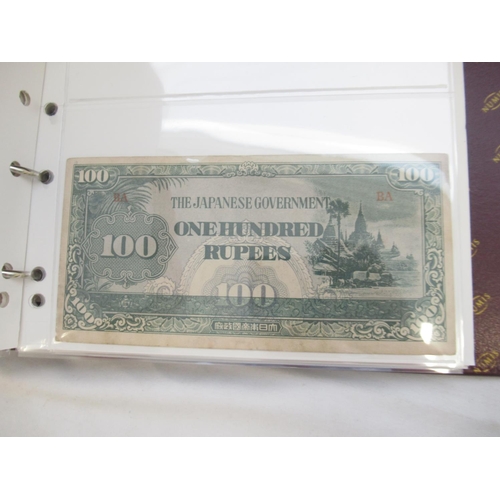 601 - Numis folder w/slip-case cont. various bank notes to inc. Military Currency 1 Yen, Japanese Governme... 