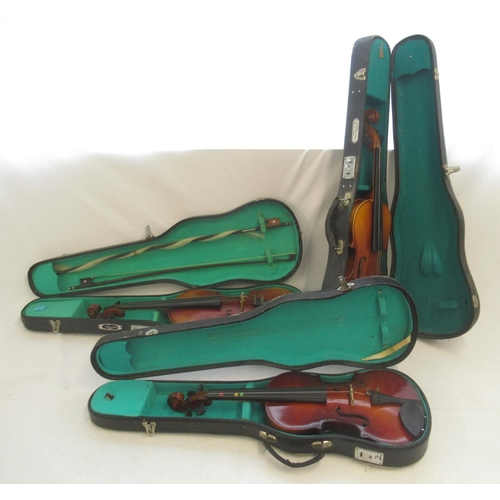 862 - Collection of 5 Chinese violins, some lacking bows and strings, all in individual cases