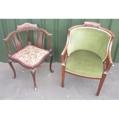 271 - Edwardian inlaid mahogany corner chair on cabriole legs and an Edwardian mahogany arm chair on squar... 